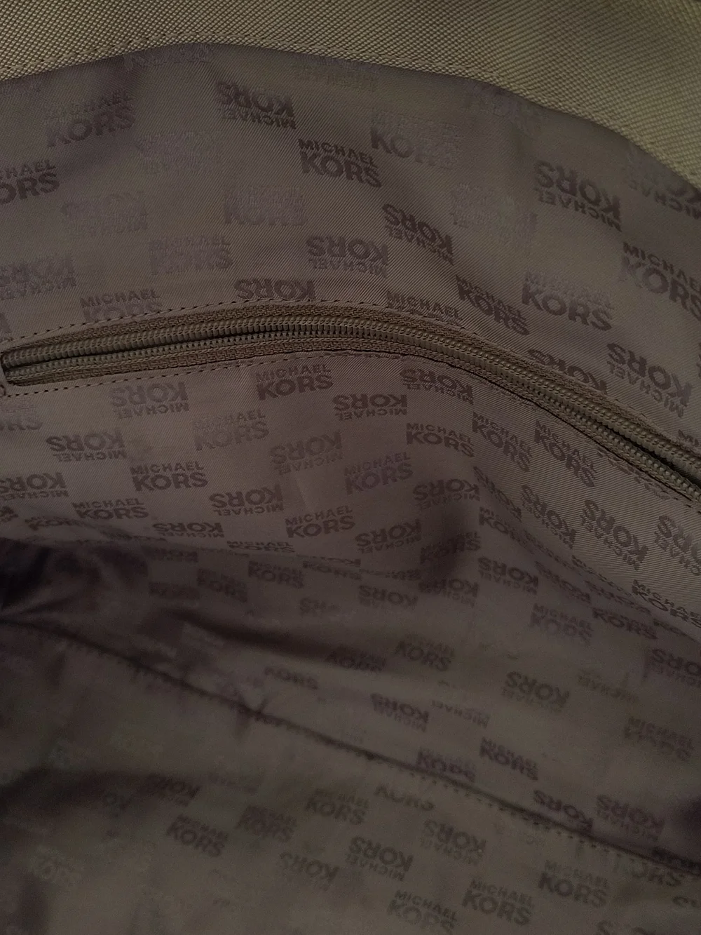 Michael Kors Beige Canvas Tote with Green Stripe and Brown Leather Trim